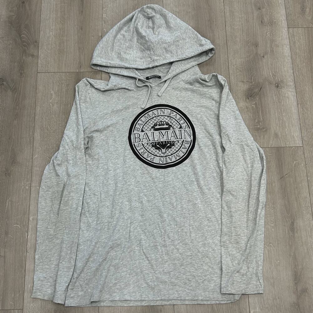 Balmain Grey Coin Logo Hooded Sweatshirt Long Sleeve sz Large L SF